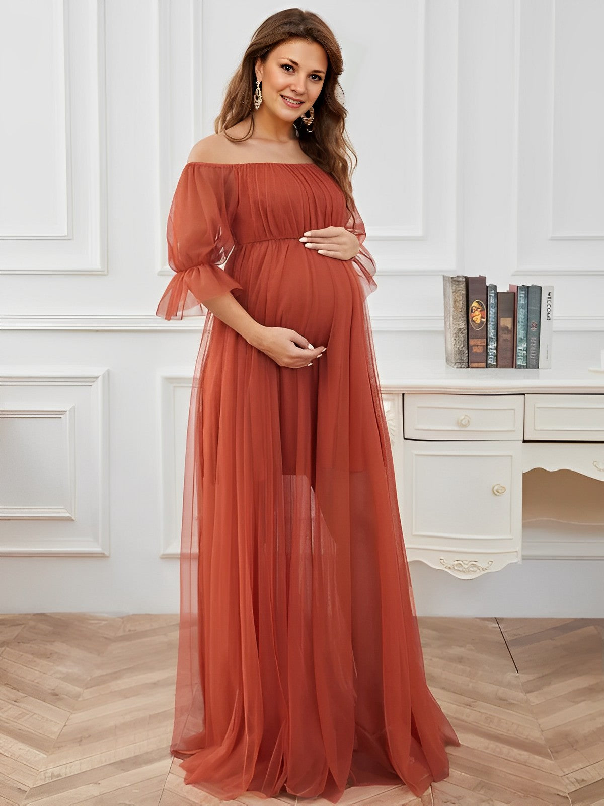 Momybarme Orange Ball Gown Dress Tulle Boat Neck Off Shoulder Cocktail Big Swing Maxi Maternity  Dresses