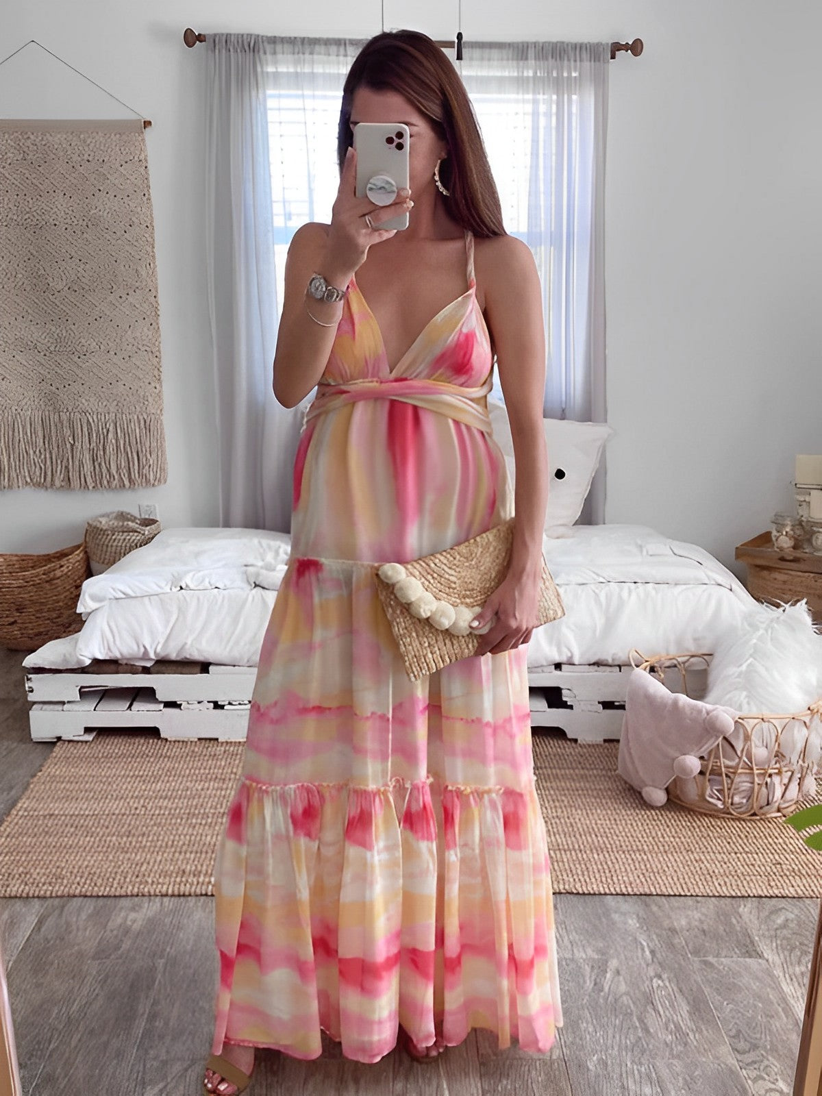 Momybarme Elegant Pink Tie Dye Gradient Color Multi Way Falbala Backless Lace Up Holiday Beach Maternity Maxi Dress