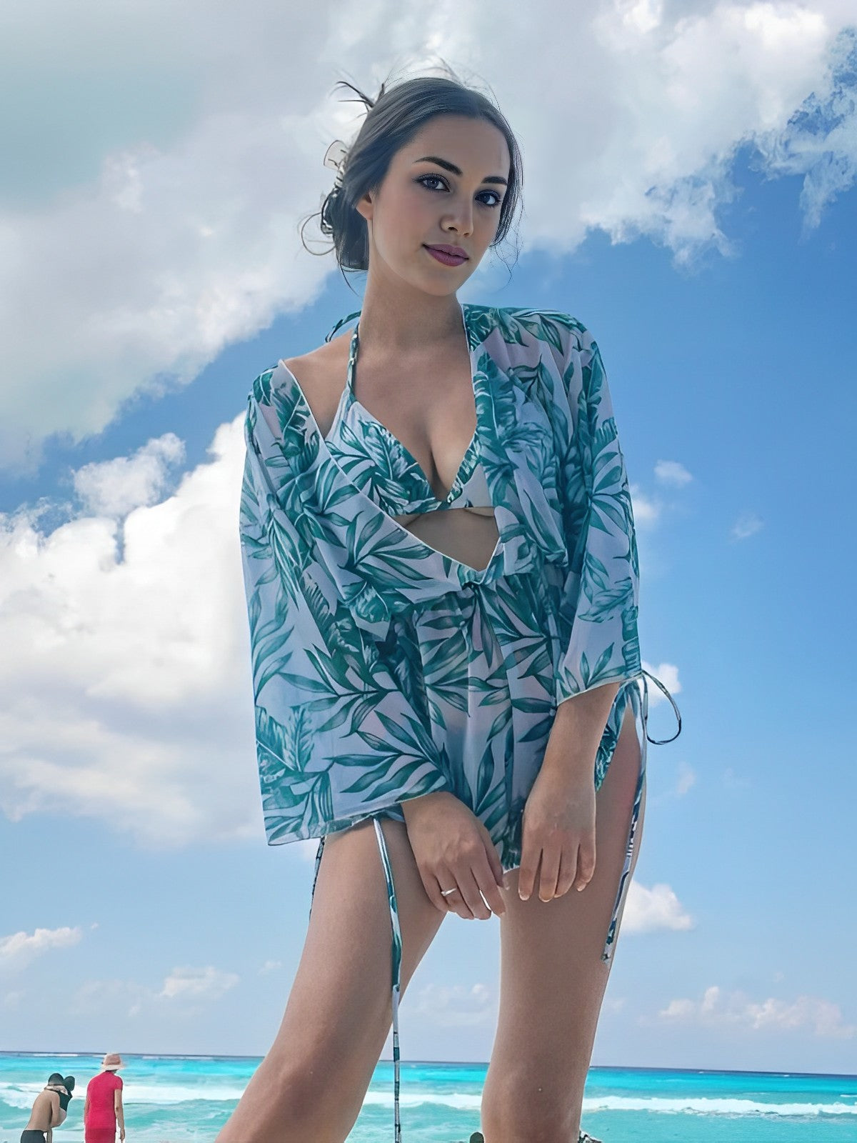 Momybarme Green three piece Tropical leaves Floral Drawstring Transparent Beach Maternity Swimwear