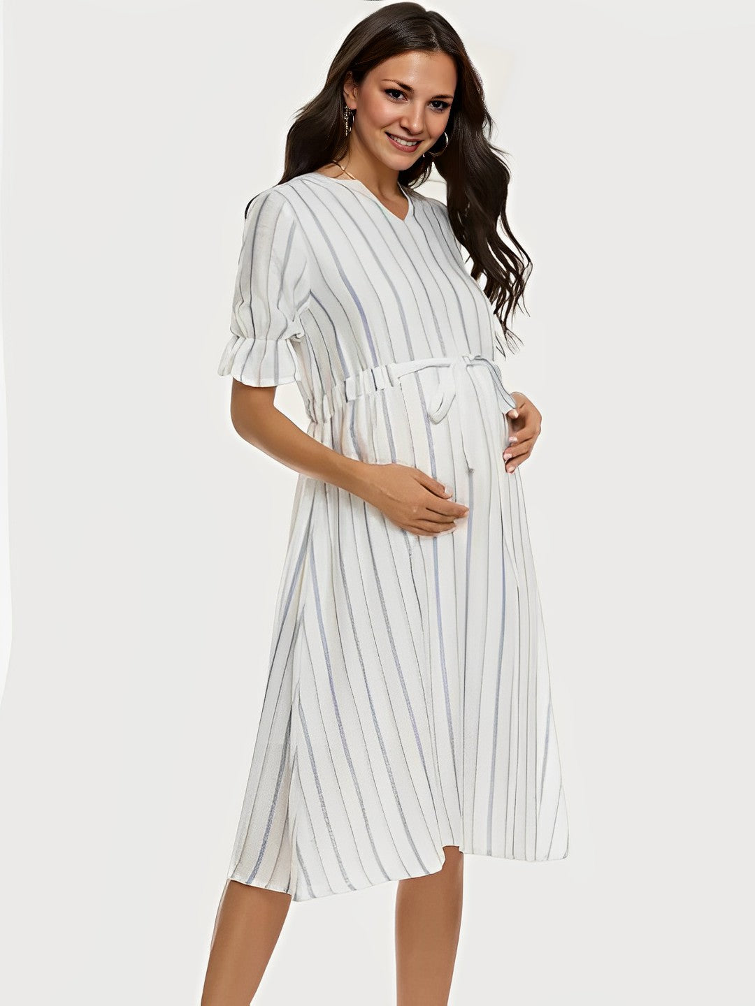 Momybarme White Striped Belt Flutter Sleeve Daily Short Sleeve Midi Maternity Dresses