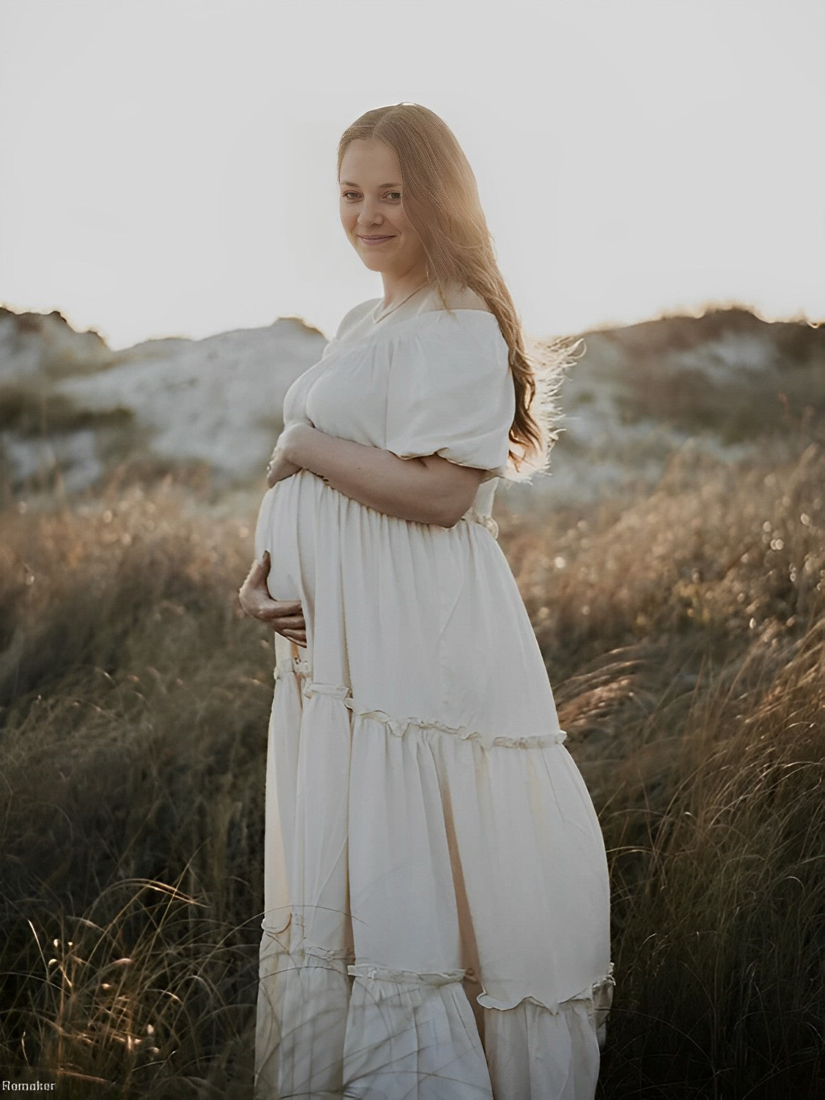 Momybarme White Bohemian Backless Boat Neck Falbala Photoshoot Maternity Maxi Dress