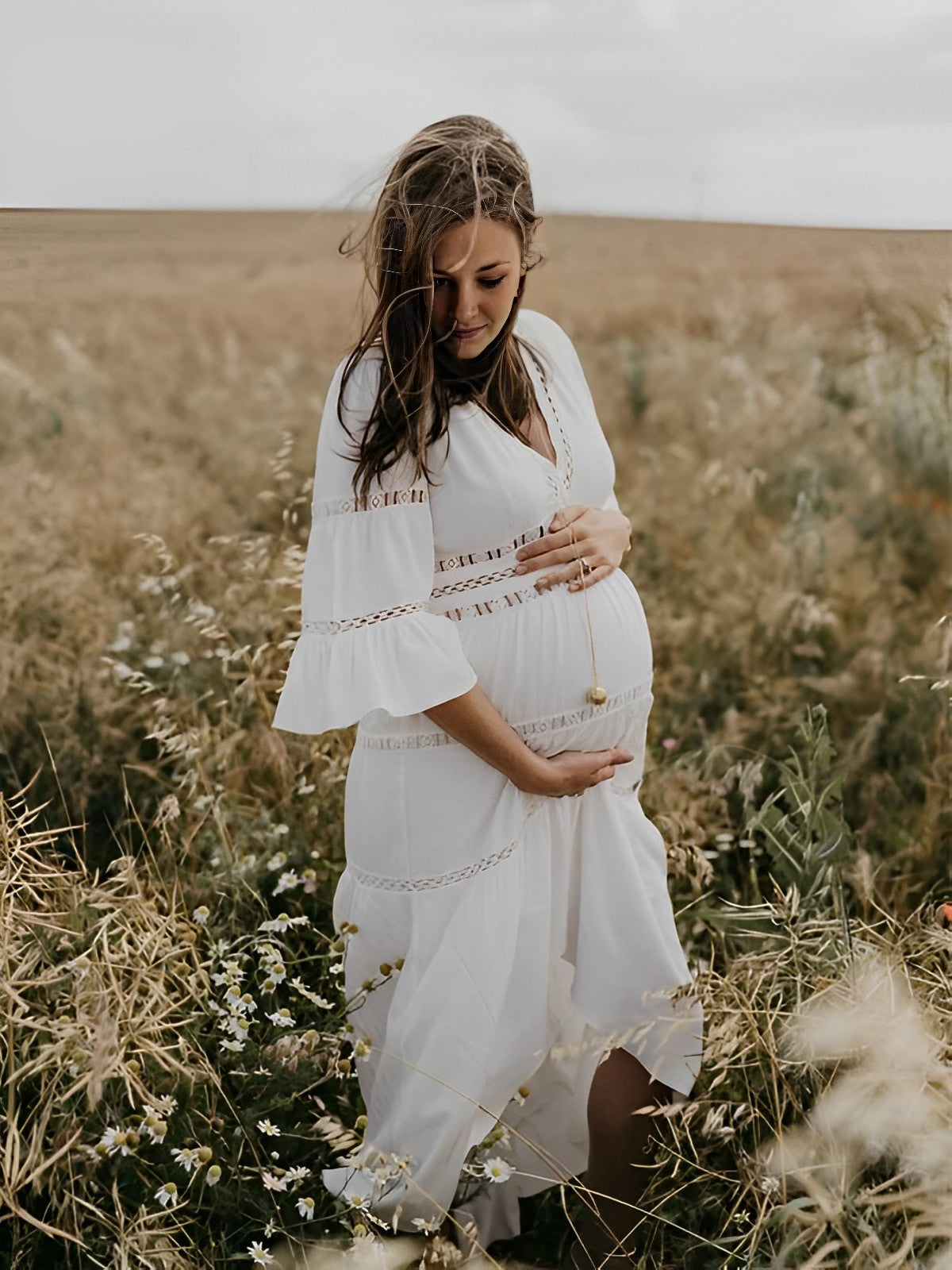 Momybarme White Elegant V-neck trumpet sleeves Photoshoot Maternity Maxi Dress