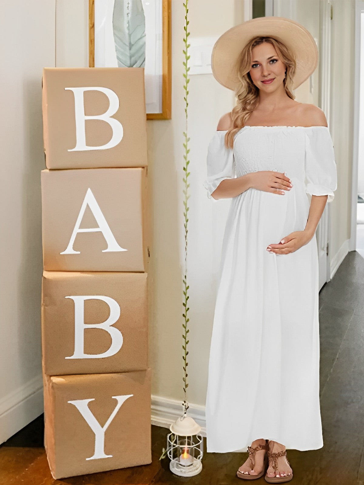 Momybarme Bohemian Sweet Square Neck Puff Sleeve baby shower Photoshoot Maternity Maxi Dress