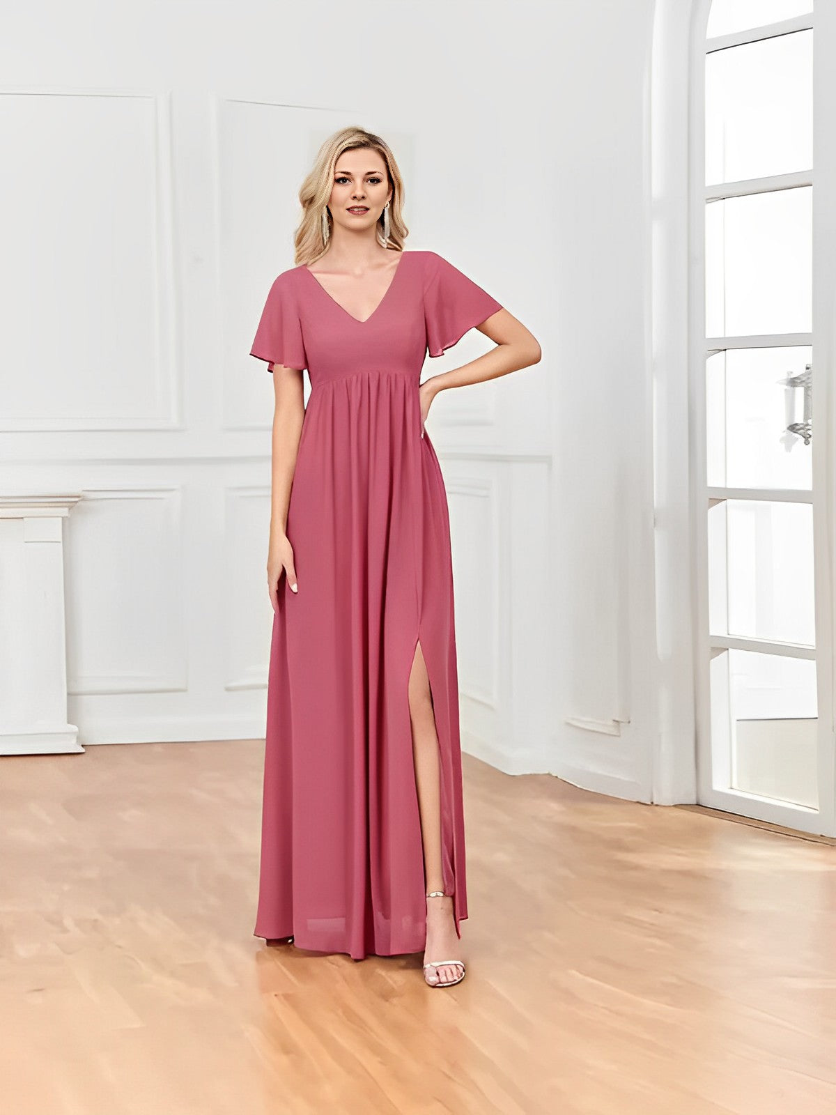 Momybarme Pink Elegant Chiffon V-neck Ruffle sleeves Party Photoshoot Maternity Maxi Dress