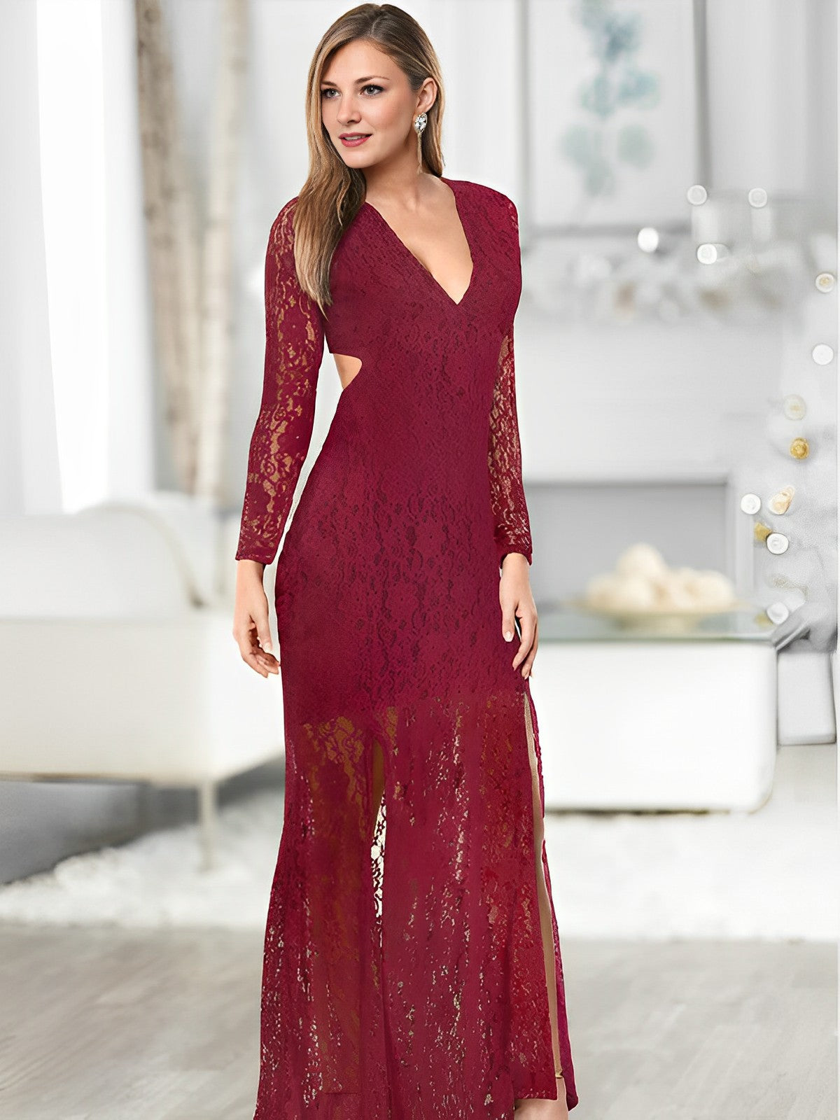 Momybarme Flowers Grenadine Evening Party V-neck Long Sleeve Maternity Maxi Dress