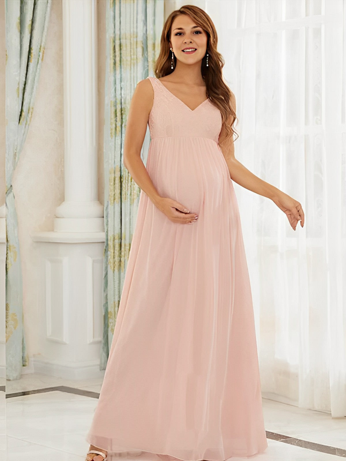 Momybarme Lace Chiffon Splicing V-neck Elastic waist Photoshoot Maternity Maxi Dress