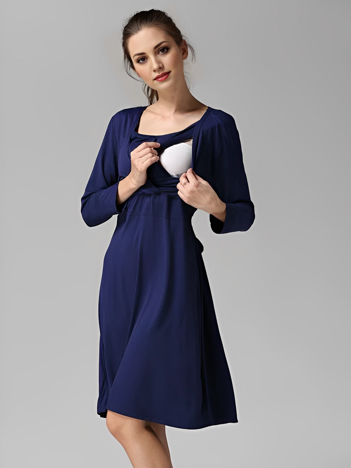 Momybarme Blue Elastic waist V-neck Breastfeeding Maternity Nursing Midi Dress