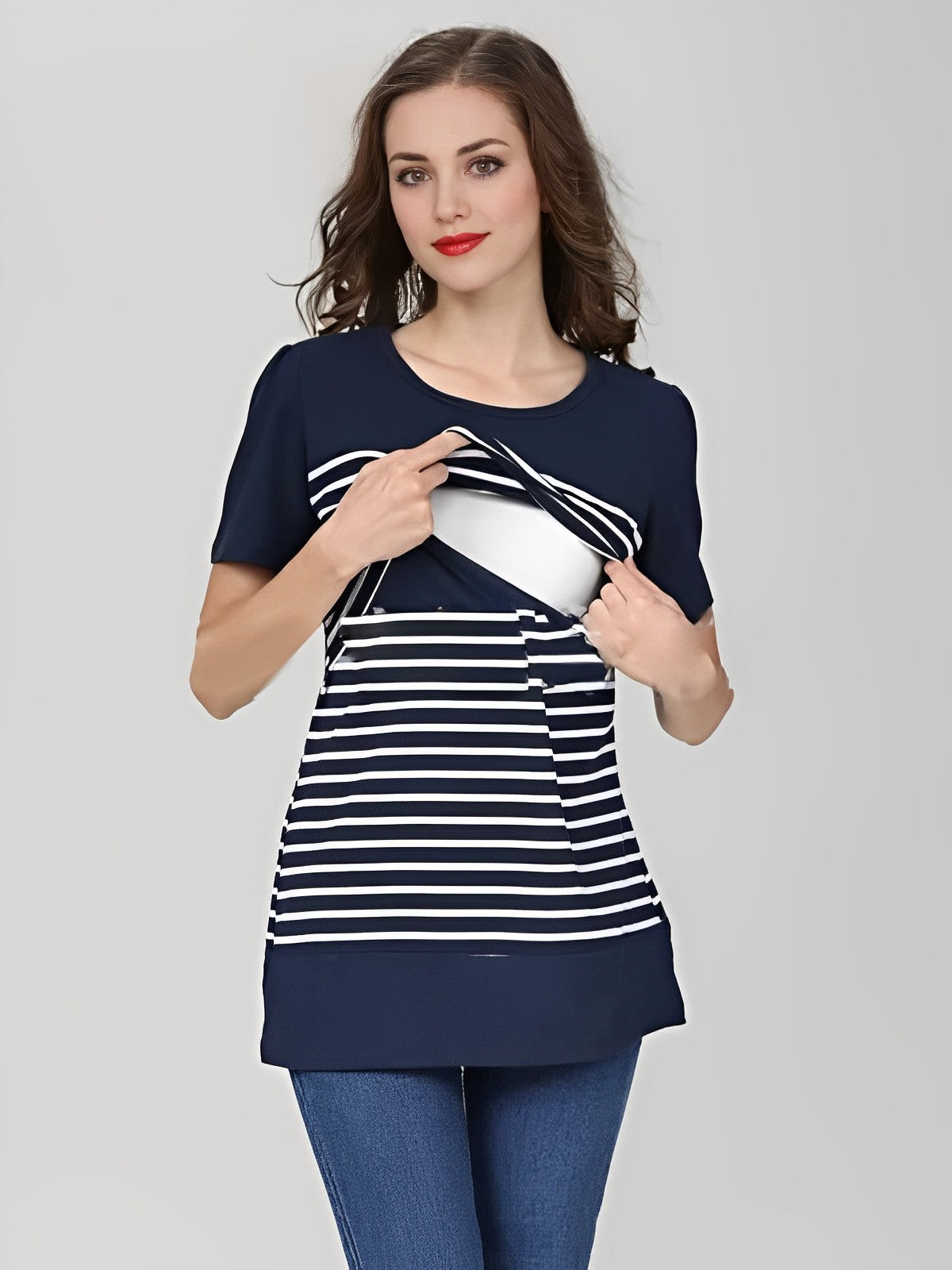 Momybarme Striped Patchwork Round Neck Short Sleeve Casual T-shirt Maternity Nursing