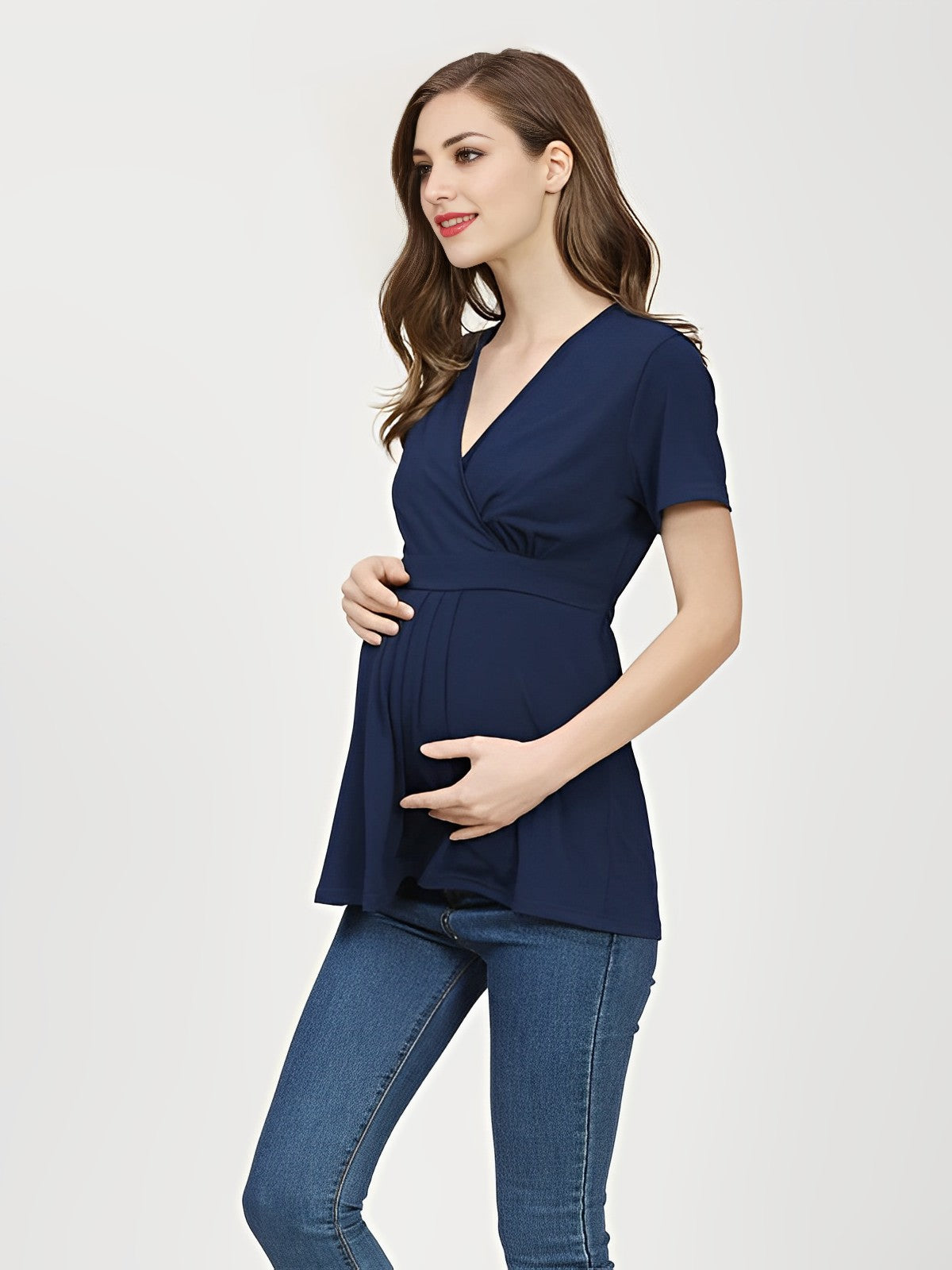 Momybarme Solid Color V-neck Cascading Ruffle Short Sleeve Elegant T-shirt Maternity Nursing