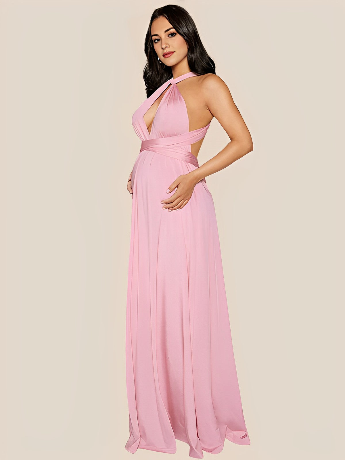 Momybarme Pink Halter Neck Belt Baby Shower Evening Maternity Maxi Dress