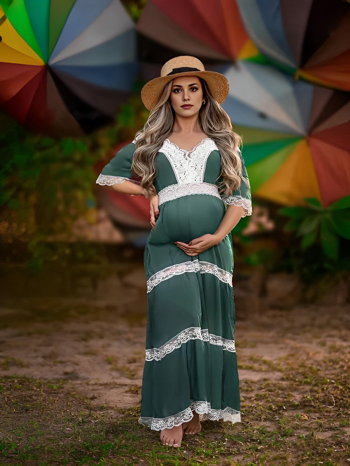 Momybarme Dark Green Lace Cut Out Patchwork Short Sleeve Baby Shower Photoshoot Dresses Maternity Maxi Dress